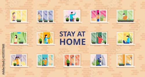 Stay at home, full people house vector illustration. Self isolation, social distance at residential building with open windows. People do cleaning, their favorite hobby, spend time with family.