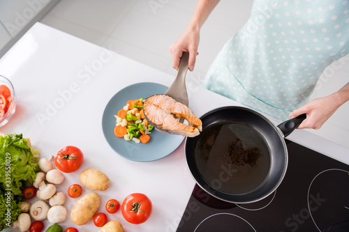 High angle view cropped photo of housewife lady put grilled salmon fillet steak flying pan ready roasted on plate with garnish cooking dinner wear apron t-shirt stand modern kitchen indoors