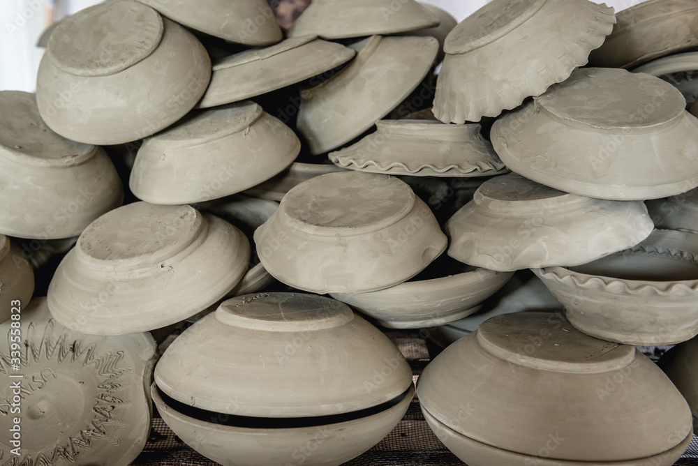 Heap of ceramic bowls in the Romanian village of Marginea, famous for the traditional handmade black pottery