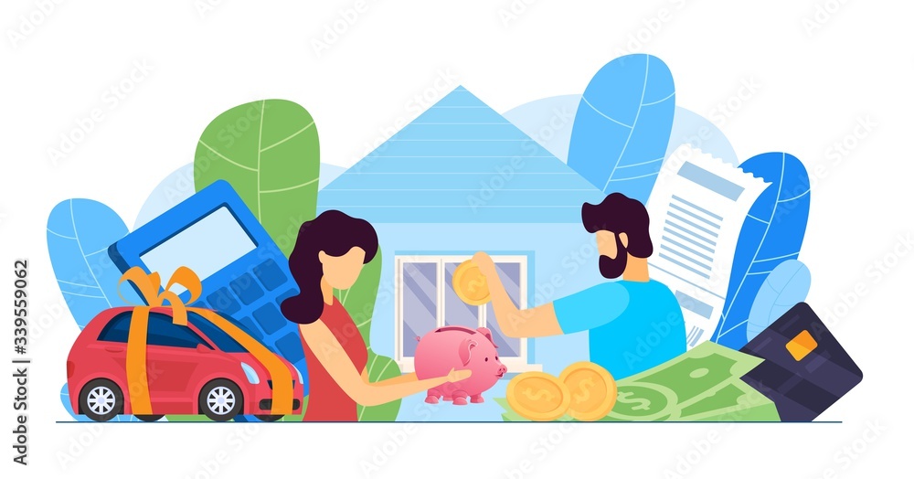 Obraz premium Family budget planning at crisis, money economy bank problem finance. Woman and man couple, people financial covid credit, tax business bill. People problems worried isolated home vector illustration.