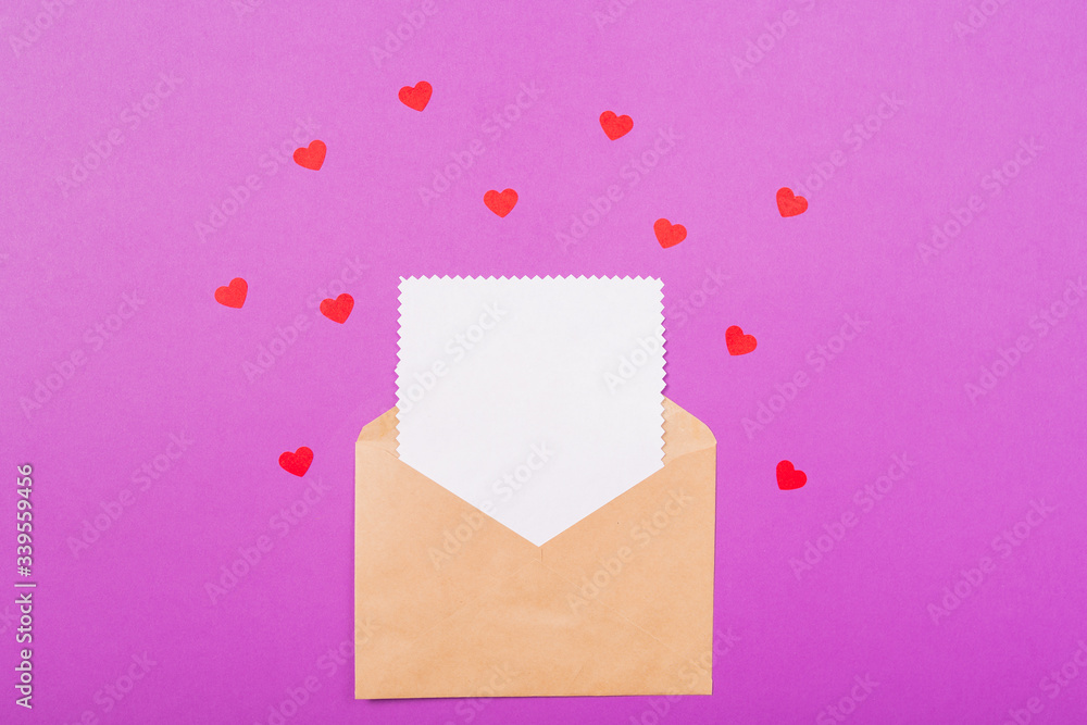 Valentine's day love letter mockup. Mother's Day letter mock up. Craft envelope with white blank card and hearts on purple background. Holiday greetings concept. Free space. Space for text. 