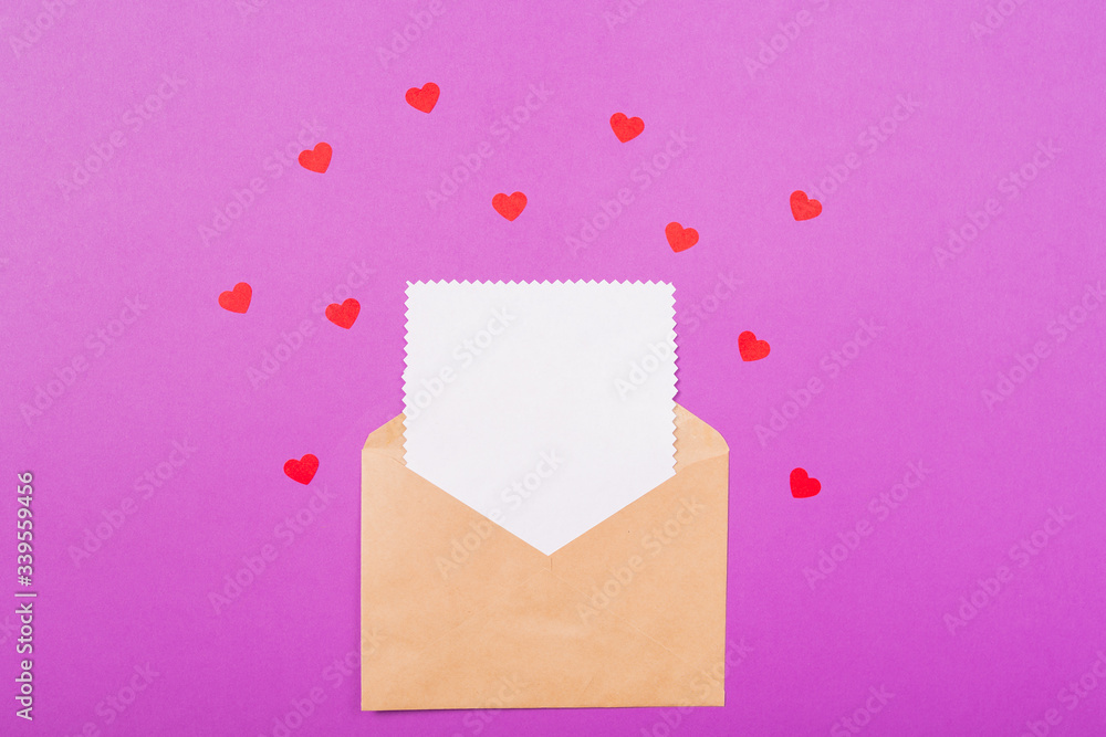 Valentine's day love letter mockup. Mother's Day letter mock up. Craft envelope with white blank card and hearts on purple background. Holiday greetings concept. Free space. Space for text. Valentine's day love letter mockup. Mother's Day letter mock up. Craft envelope with white blank card and hearts on purple background. Holiday greetings concept. Free space. Space for text.