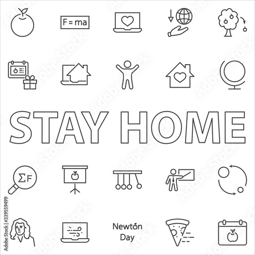 Newton's Day Set Line Vector Icon. Contains such Icons as Newton, Laws of physics and gravity, Flying Apple, Calendar, Teacher, blackboard and projector Editable Stroke. 32x32 Pixels