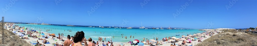 Fototapeta premium Mare caldo e limpido di Formentera, vento nell'aria e flora selvaggia ai lati di un paesaggio suggestivo