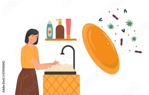 Woman washing her hand, virus protect vector illustration. Hygiene procedure under faucet with soap and water. Virus and bacteria prevention, healthcare in bathroom, antibacterial agent and sanitizer.