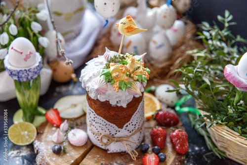 Easter composition with Easter cake and eggs
