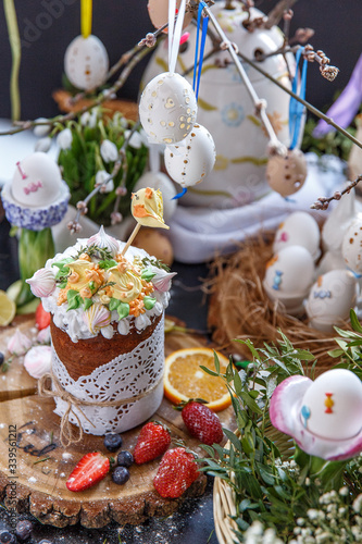 Easter composition with Easter cake and eggs