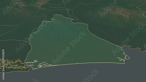 Akwa Ibom, state with its capital, zoomed and extruded on the relief map of Nigeria in the conformal Stereographic projection. Animation 3D photo