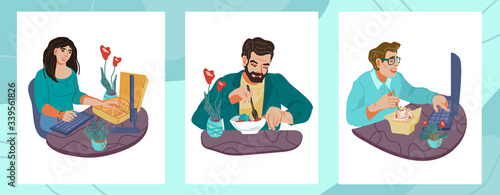 Set of eating and working people cartoon characters. Lunch break or dinner time in office or at home. Healthy and unhealthy food and dieting. Flat vector illustration isolated.