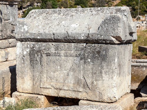 Sarcophagus ruins in the necropolis of Patara ancient city, Antalya, Turkey.