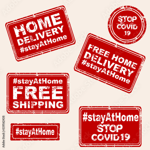 Set of rubber stamps with Stay at home and Free Home Delivery