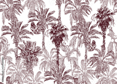 Deep Jungle Forest Tropical Palms with Sloath Etching Drawing, Wildlife Tropical Life Toile Illustration Brown on White Background, Monochrome Vintage Engraving Jungle Rainforest India Nature