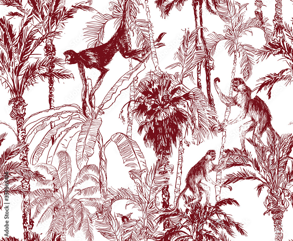 custom made wallpaper toronto digitalMonkeys Climbing Palm Trees, Jungle Forest Lithography Etching Illustration, Exotic Wallpaper Design Wildlife Brown on White Background, Banana Leaves with Wild Animals Seamless Pattern