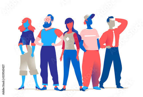 Squadra di personaggi colorati maschili e femminili isolati sullo sfondo bianco