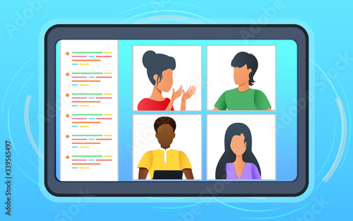 Vector illustration, video conference. Business team having discussion during online meeting in video call. Group of people on computer screen talking with colleagues using chat. Work from home