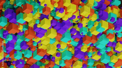 3D illustration. Wallpaper, background, backdrop with cheerfully colored cubes, clean design