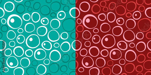 Seamless organic pattern texture with white green and red hand drawn uneven circles and dots like frog or fish egg and blood cell. Vintage retro style design. Vector eps10