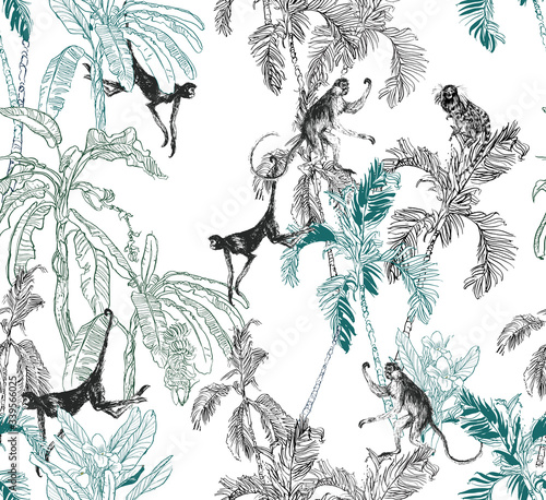 Seamless Pattern Monkeys Jumping on Palm Trees Etching Illustration on White Background, Exotic Plants Wildlife Animals in Jugnle, Rainforest Wallpaper Design, Tropics India Doodle