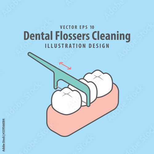 Dental flossers cleaning of teeth illustration vector design on blue background. Dental care concept.