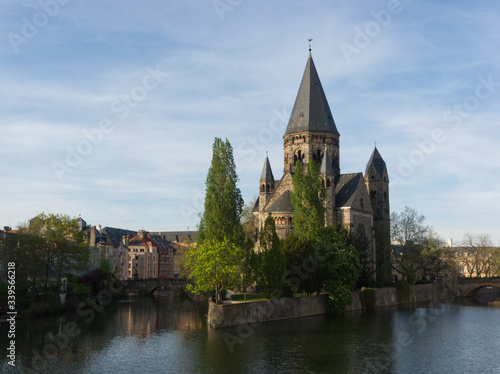 View on the temple and the river in Metz on a bright sunny day