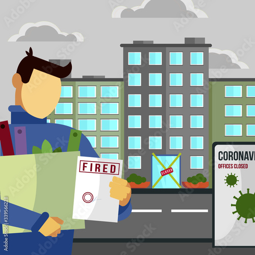 Fired and dismissed man from job. Dismissal, layoff, severance, termination in case of coronavirus or virus COVID-19. Unemployed jobless benefit. Boss dismissed employee. Flat vector illustration.