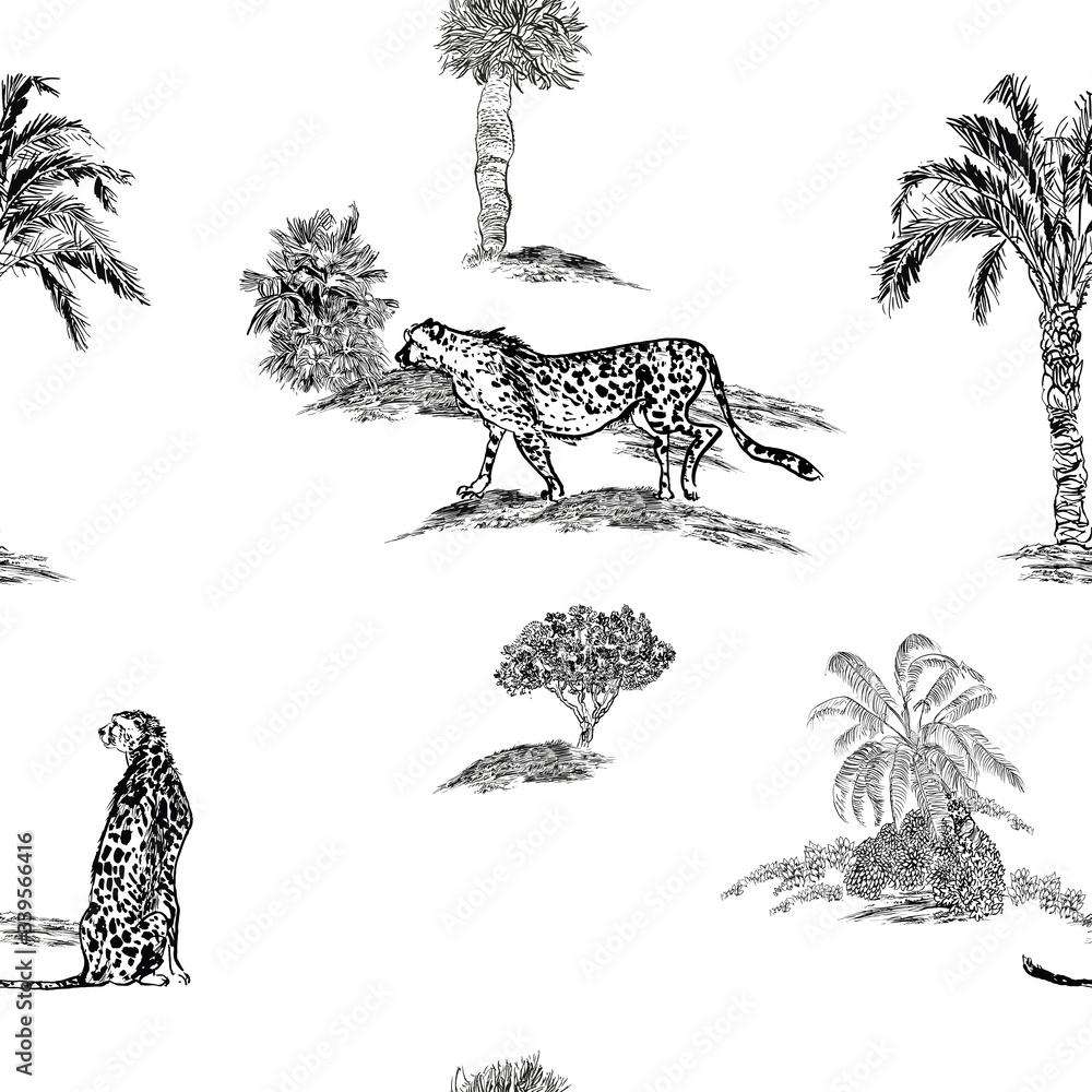 custom made wallpaper toronto digitalSeamless Pattern Safari Cheetah Animals in Desert, Exotic Plants, Wildlife Animals Engraving Drawing, Black and White Africa Doodle Drawing, Etching Leopard Textile