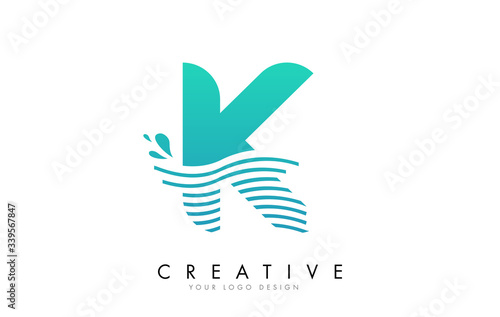 K Letter Logo with Waves and Water Drops Design.
