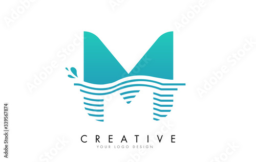 M Letter Logo with Waves and Water Drops Design.