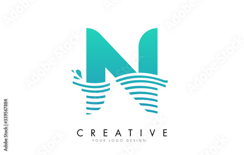 N Letter Logo with Waves and Water Drops Design.