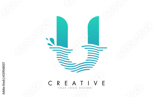 U Letter Logo with Waves and Water Drops Design.