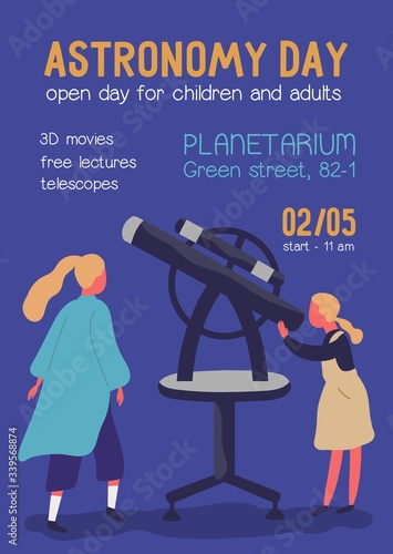 Astronomy day colorful promo poster with place for text. Cartoon girl looking into telescope with mother vector flat illustration. Announcement of planetarium exhibition entertainment isolated
