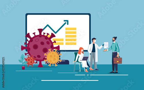 Coronavirus 2019-nCoV, epidemics. Laboratory study by a doctor with a pandemic viral disease COVID-19. Businessman with finances to fight virus in hospital for people. Health care, vector illustration