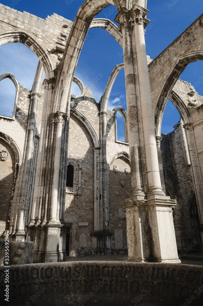Ruins of the ancient convent of Carmo in Lisbon, Portugal, roofless church open to sky survived to the 1755 earthquake in the city