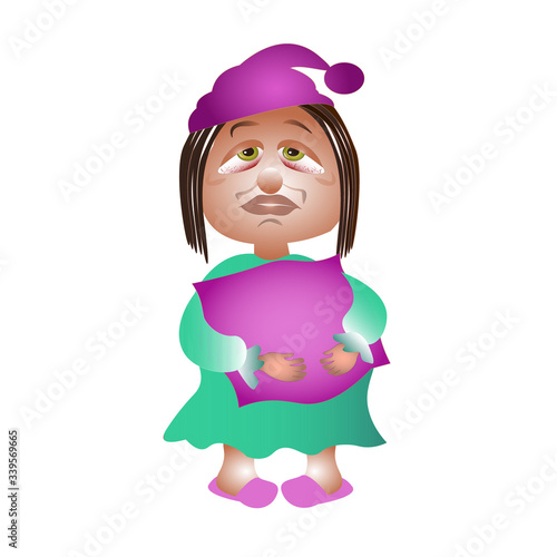 cartoon character in pajamas with a pillow.a person can't sleep. suffering from insomnia. tired eyes. vector image of a funny lunatic isolated on a white background.
