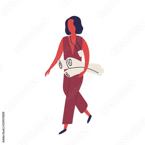 Cartoon woman wearing badge holding paper roll vector flat illustration