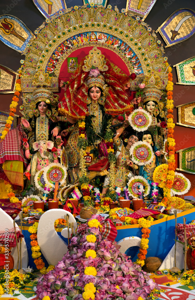 Fototapeta premium The deity goddess Durga kept for worship during Durga Puja festival celebration in Manama, Bahrain