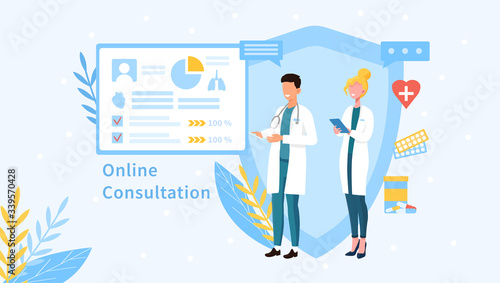 Online Healthcare concept with male and female doctors and mobile device app showing a screen with information, vector illustration