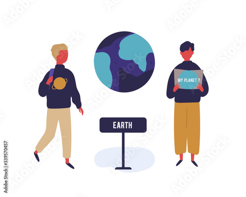 Two male cartoon pupil at excursion in astronomical museum vector flat illustration