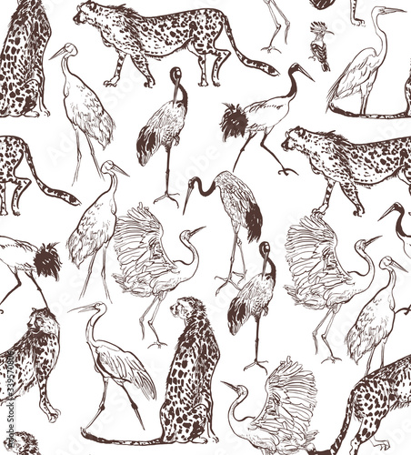 Photography Seamless Pattern Isolated Elements Cheetah, Leopard, Heron Birds Wildlife Anima