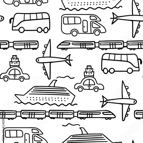 Doodle transport seamless pattern on white background. Vector illustration.