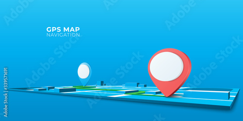 GPS navigator pin icon searching route way on world map background. Locator position point. 3d perspective vector illustration