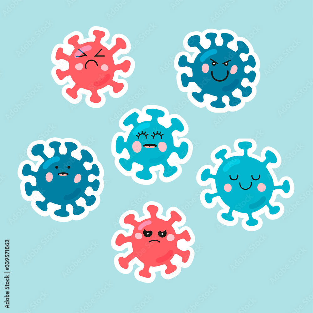 Character shaped cell of a microorganism with faces. Coronavirus set. Wuhan COVID-19 sticker. Kawaii cartoon virus. Wuhan pneumonia flat vector illustration. Character shaped cell of a microorganism with faces. Coronavirus set. Wuhan COVID-19 sticker. Kawaii cartoon virus. Wuhan pneumonia flat vector illustration.