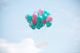 Bunch of balloons with helium with a blank nameplate fly up in the sky.