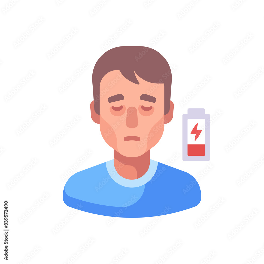 Low energy icon. Fatigue flat illustration. Man feeling tired and sleepy.