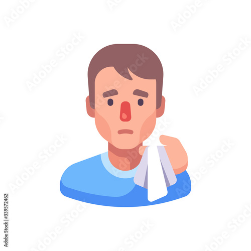 Running nose flat illustration. Man with handkerchief