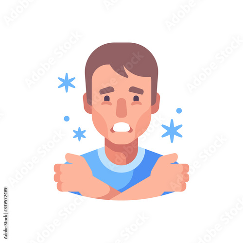 Chills flat illustration. Man feeling cold and shivering.