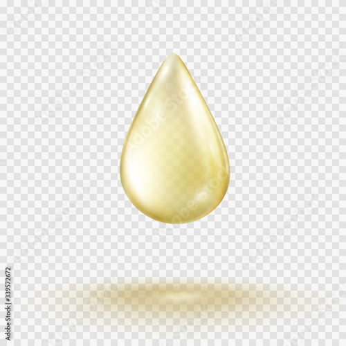 Oil gold drop isolated on transparent background. Cosmetic spa serum bubble of vitamin E. Vector realistic golden gel droplet template