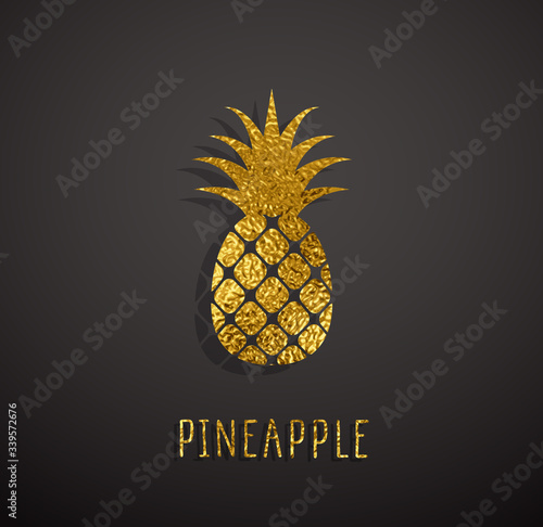 Gold foil texture pineapple on black background. Golden sparkle glossy exotic fruit. Vector shiny metallic tropical ananas icon..