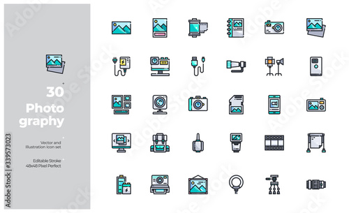 Vector Color Line Icons Set of Photographer and Photography Equipment Icon. Editable Stroke. Design for Website, Mobile App and Printable Material. Easy to Edit & Customize.