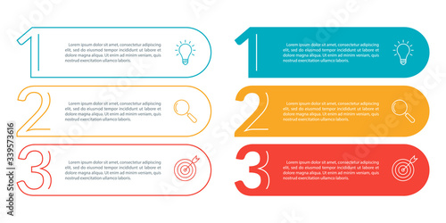 3 steps info graphic with business icons and copy space. Infographics template with outline numbers. Three parts or options for menu and  workflow layout design. Vector illustration.